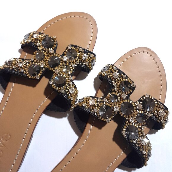 Swarovski Crystal & Rhinestone The Cove Bling  Slides sz 9 Brown Leather Multi - Picture 1 of 9